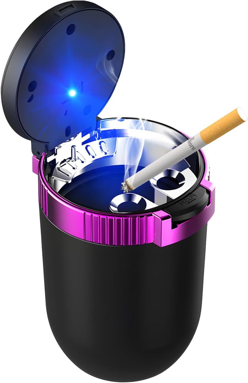 MUQIDA Car Ashtray with Lid, Auto Portable Stainless Steel Smokeless Ash Tray with LED Light, Detachable Windproof Ashtray Mini Trash Can for Most Car Cup Holder Home Office (Purple) - Image 1